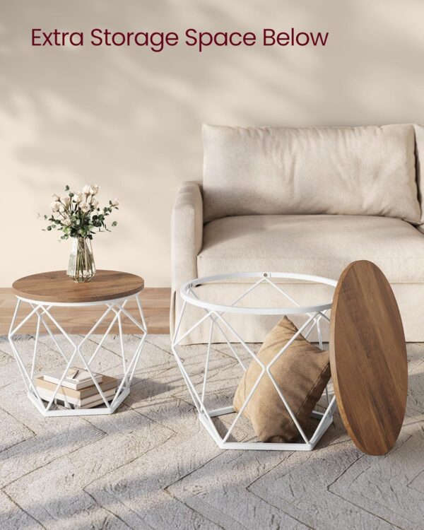 VASAGLE Set de 2 mese de cafea rotunde, cadru otel si blat detasabil, 40cm si 50cm, alb si maro - imagine 6