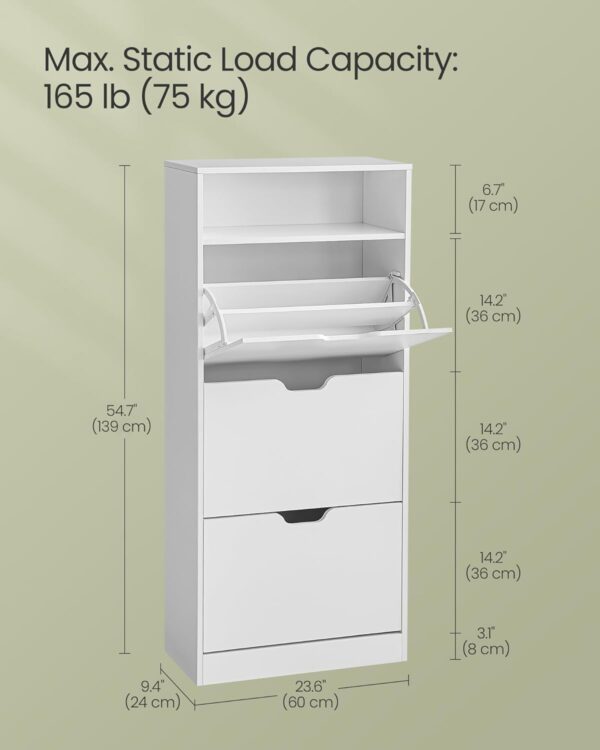 VASAGLE Dulap pantofi cu 3 usi rabatabile, pentru 14-18 perechi, 60x24x130 cm, alb - imagine 7