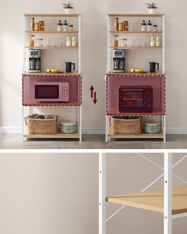 VASAGLE Raft de bucatarie cu spatiu pentru cuptorul cu microunde, 6 rafturi, otel, industrial, 40x80x167cm, maro stejar si alb - imagine 7