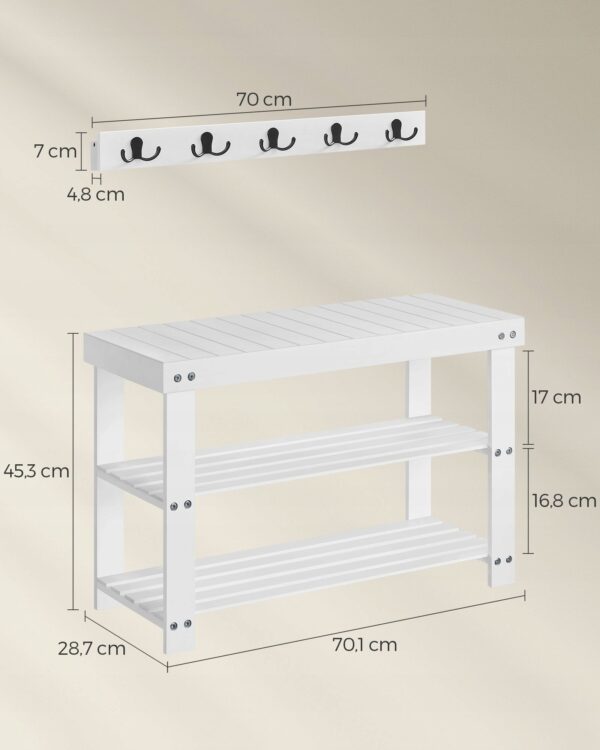 SONGMICS Set multifunctional pentru hol cu banca pentru pantofi si cuier, din bambus, 29x70x45 cm, alb - imagine 7