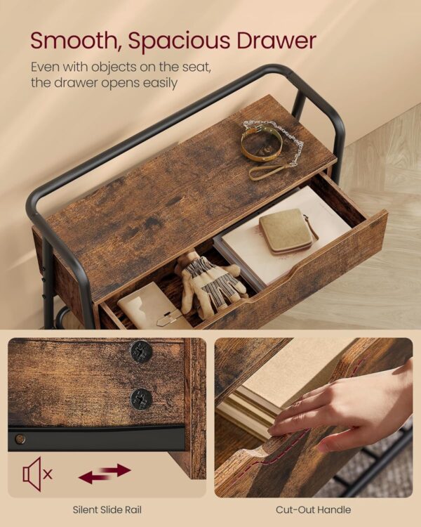 VASAGLE Pantofar cu banca de depozitare, raft si sertar, stil industrial, 30x80x64 cm, maro rustic - imagine 7