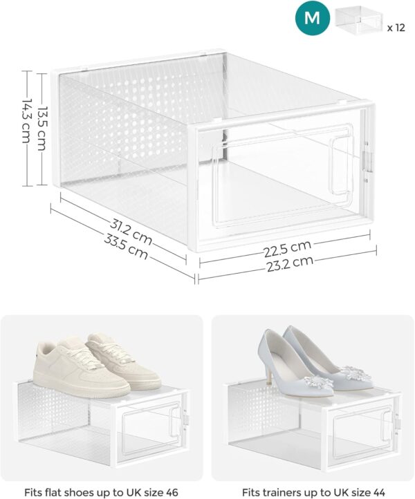 SONGMICS Cutii de pantofi, set de 12 organizatoare stivuibile, structura rezistenta ABS, 34x23x14 cm, transparent - imagine 7