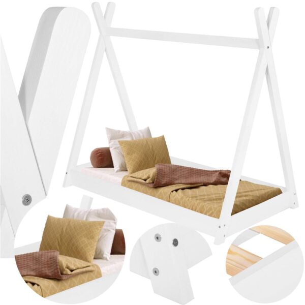 Pat din lemn pentru copii, model TeePee, somiera inclusa, 61x146x130 cm, alb - imagine 10