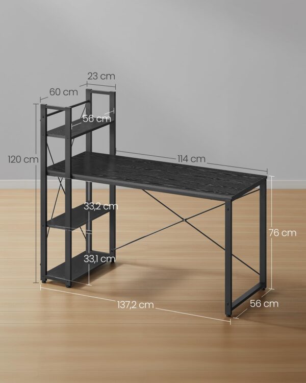 VASAGLE Birou cu raft lateral, montare stanga sau dreapta, industrial, 60x132x119 cm, negru - imagine 7
