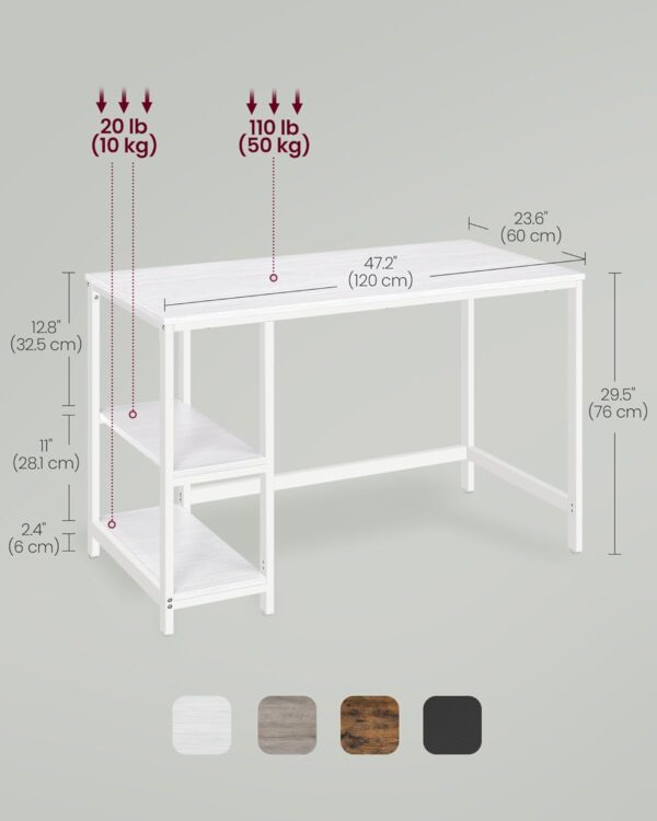 VASAGLE Birou cu 2 rafturi stanga sau dreapta, stil industrial, 60x120x76 cm, alb - imagine 7