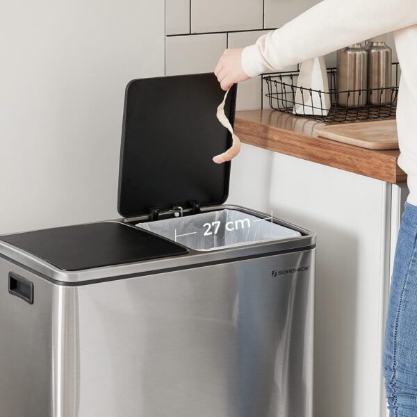 SONGMICS Cos de gunoi din inox cu 2 compartimente colectare selectiva, cu galeti interioare, 2x30litri, argintiu - imagine 7