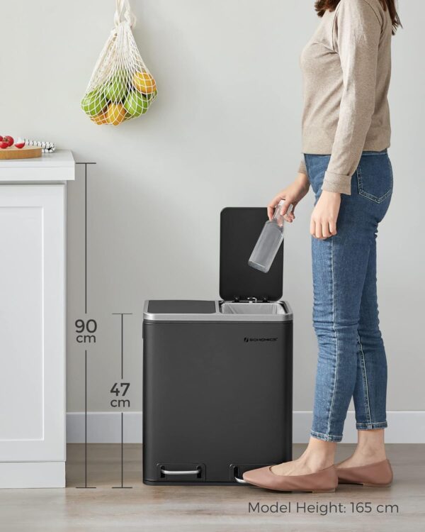 SONGMICS Cos de gunoi din inox cu 2 compartimente colectare selectiva, cu galeti interioare, 2x15litri, negru - imagine 7