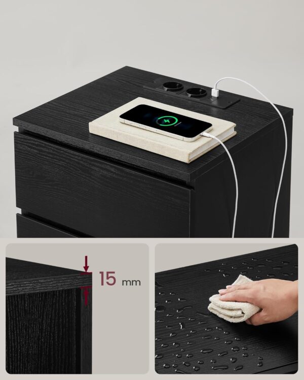 VASAGLE Set de 2 noptiere, cu sertare, 2 prize si 2 USB, 35x40x59 cm, negru - imagine 7