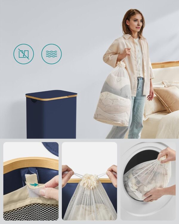 SONGMICS Cos de rufe textil, pliabil, compartiment detasabil, 90L, 42x32x71 cm, albastru - imagine 7