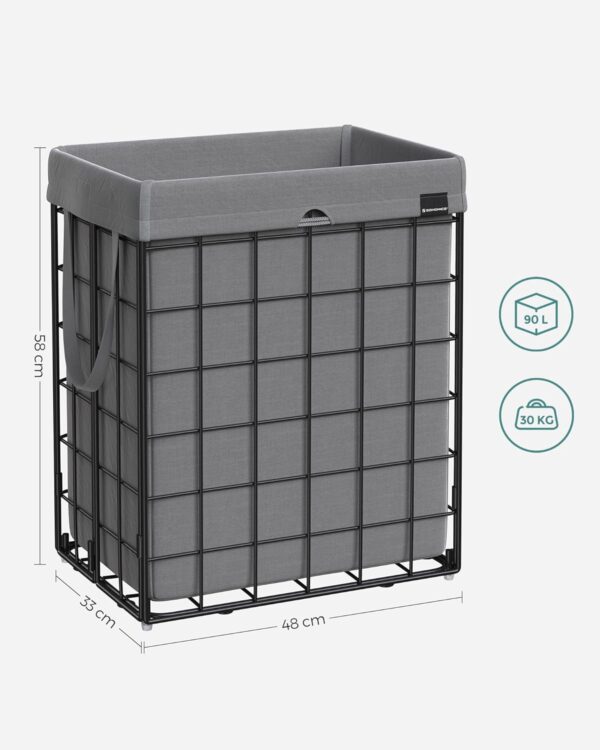 SONGMICS Cos de rufe pliabil cu cadru metalic, sac detasabil si lavabil, 90L, 48x33x58cm, negru si gri - imagine 7