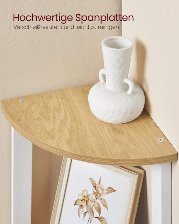 VASAGLE Raft de colt cu 4 etaje, tip biblioteca, cadru metal si polite lemn, 34x34x125 cm, alb si maro - imagine 7