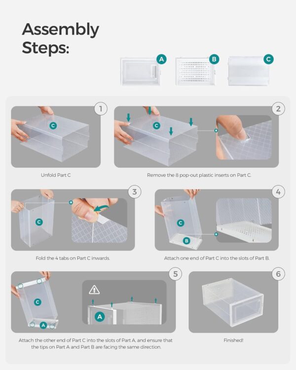 SONGMICS Cutii de pantofi, set de 12 organizatoare stivuibile, structura rezistenta ABS, 34x23x14 cm, transparent - imagine 8