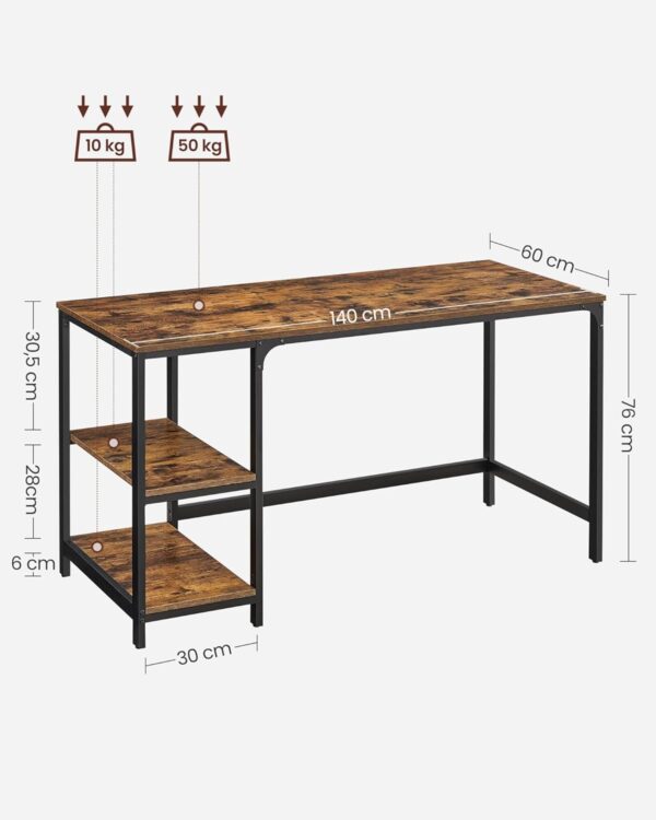 VASAGLE Birou cu 2 rafturi stanga sau dreapta, stil industrial, 60x140x76 cm, maro rustic - imagine 7