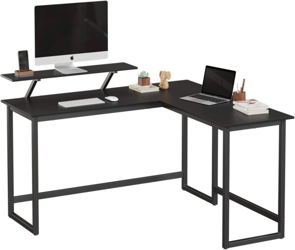 VASAGLE Birou in forma de L cu suport pentru monitor, cadru metalic, 140x130x76cm, negru - imagine 8