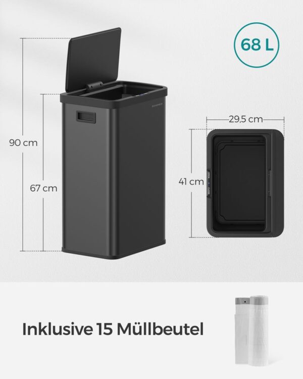 SONGMICS Cos de gunoi din inox, cu senzor si soft-close, 68 litri, 41x30x67 cm, negru - imagine 8