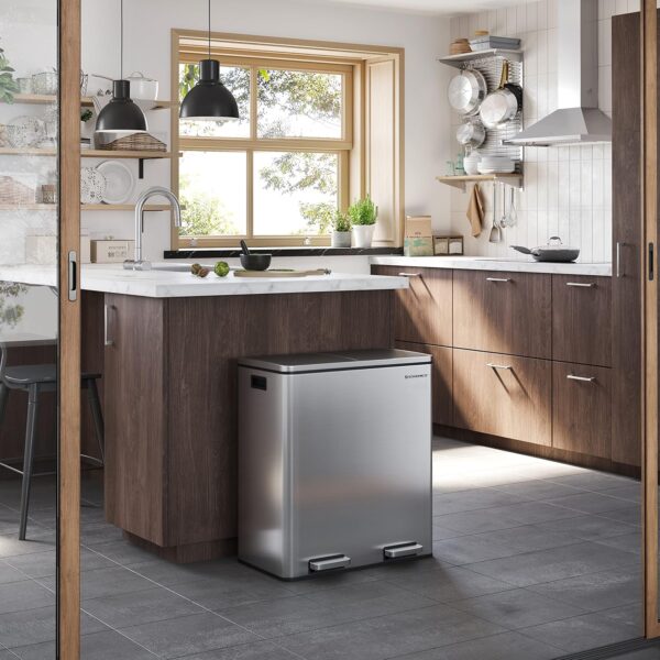 SONGMICS Cos de gunoi din inox cu 2 compartimente colectare selectiva, cu galeti interioare, 2x30litri, argintiu - imagine 8