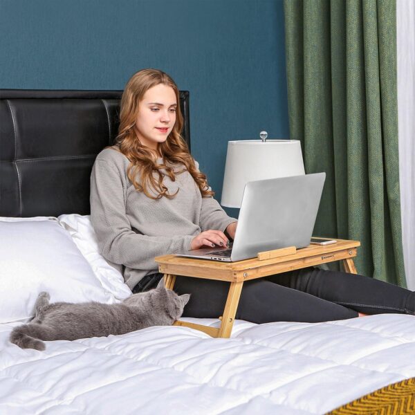 SONGMICS Masa de pat pentru laptop, plabila si reglabila, bambus, 55x35x29 cm, maro - imagine 8
