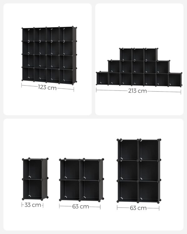 SONGMICS Unitate de depozitare cu 16 cuburi, pentru pantofi sau haine, personalizabil, 31x123x123 cm, negru - imagine 9