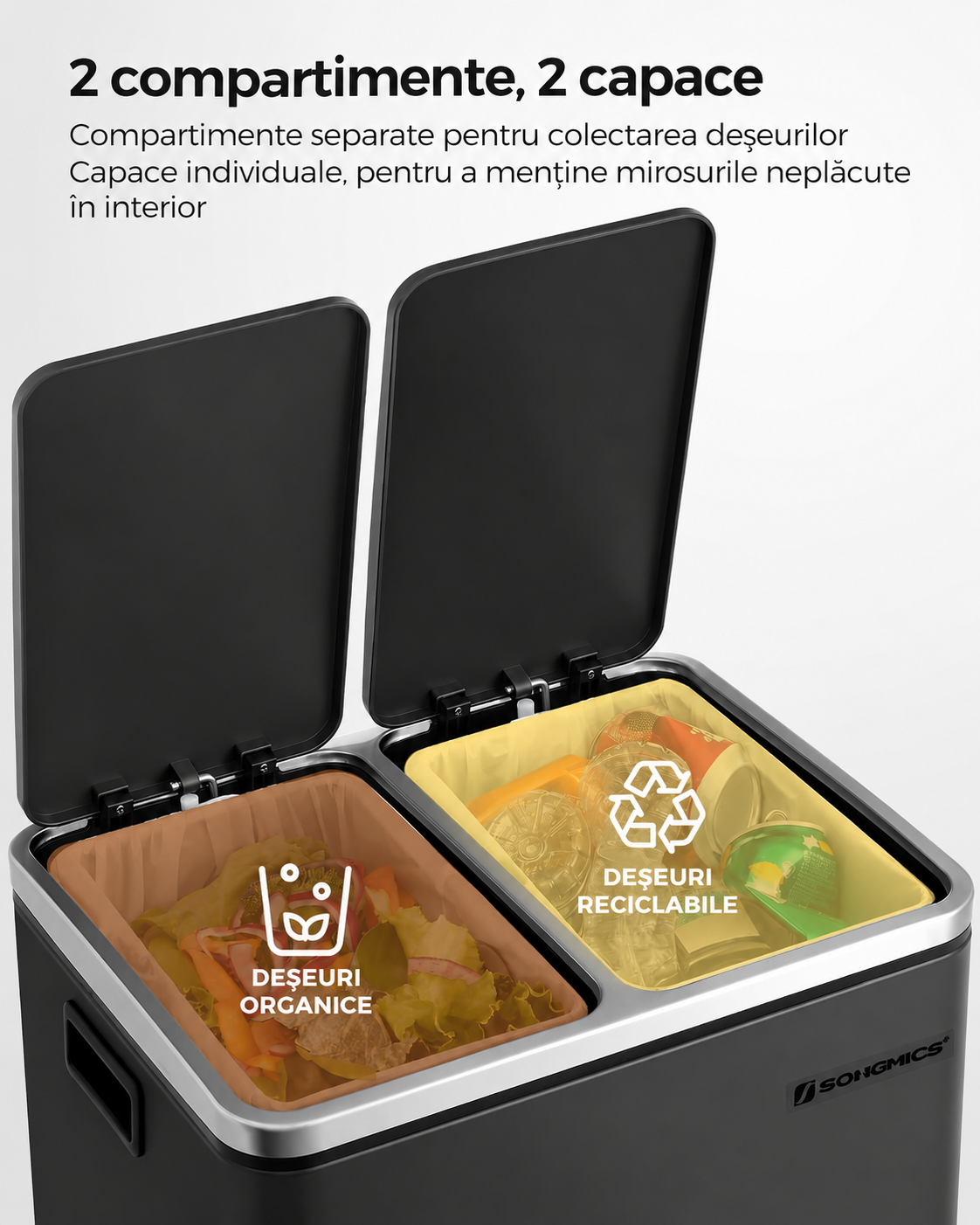 SONGMICS Cos de gunoi din inox cu 2 compartimente colectare selectiva, cu galeti interioare, 2x15litri, negru - imagine 2