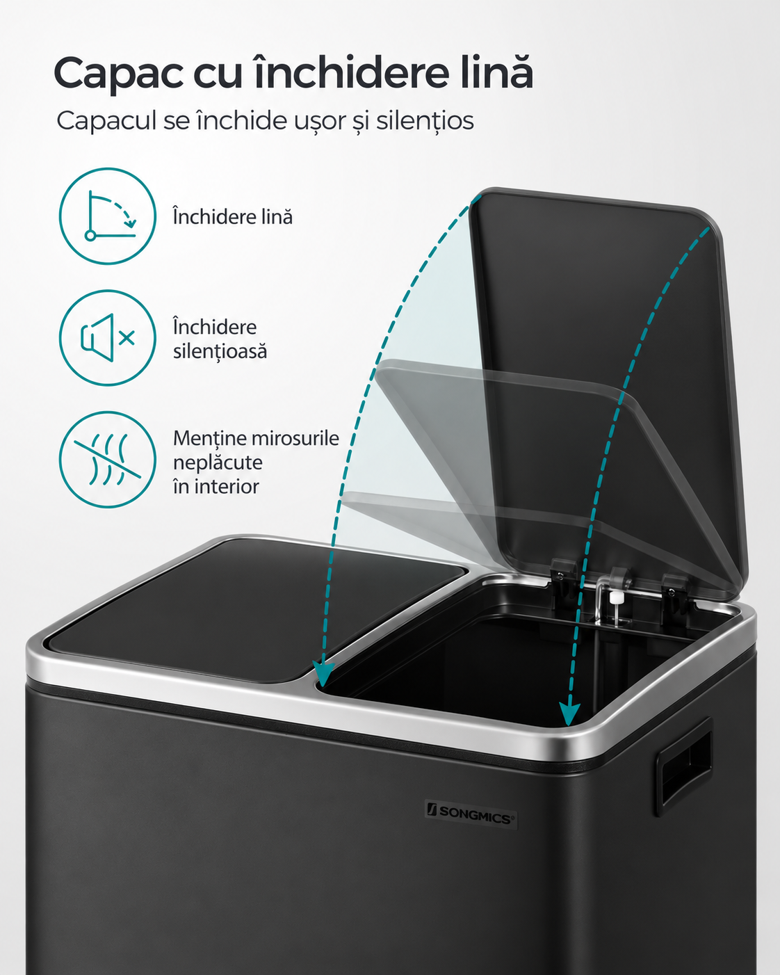 SONGMICS Cos de gunoi din inox cu 2 compartimente colectare selectiva, cu galeti interioare, 2x15litri, negru - imagine 4