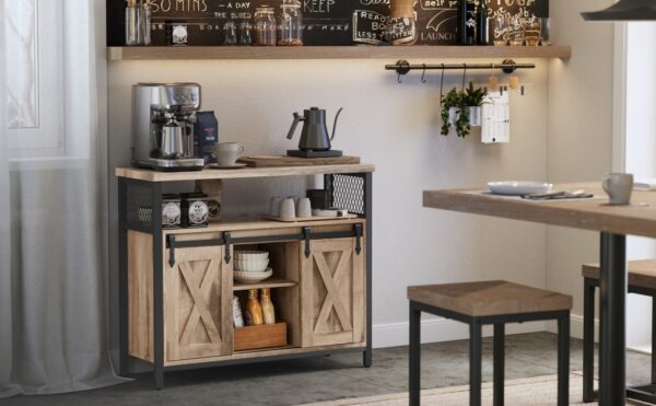 VASAGLE Comoda pentru living sau bucatarie, cu 2 usi glisante, rafturi reglabile, stil rustic, 33x100x80 cm, maro - imagine 2
