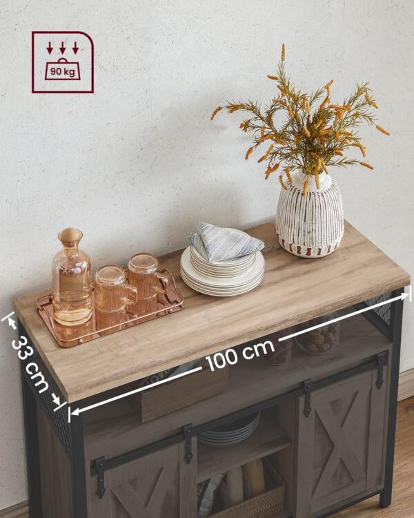 VASAGLE Comoda pentru living sau bucatarie, cu 2 usi glisante, rafturi reglabile, stil rustic, 33x100x80 cm, maro - imagine 7