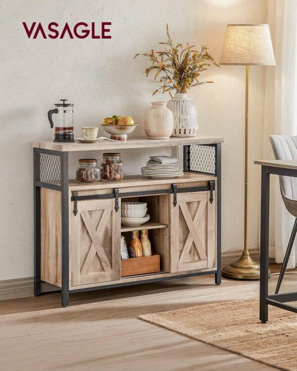VASAGLE Comoda pentru living sau bucatarie, cu 2 usi glisante, rafturi reglabile, stil rustic, 33x100x80 cm, maro - imagine 9