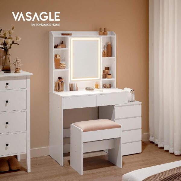 VASAGLE Masa de toaleta cu taburet si oglinda, iluminare LED reglabila, 6 sertare, 98x40x145 cm, alb - imagine 3