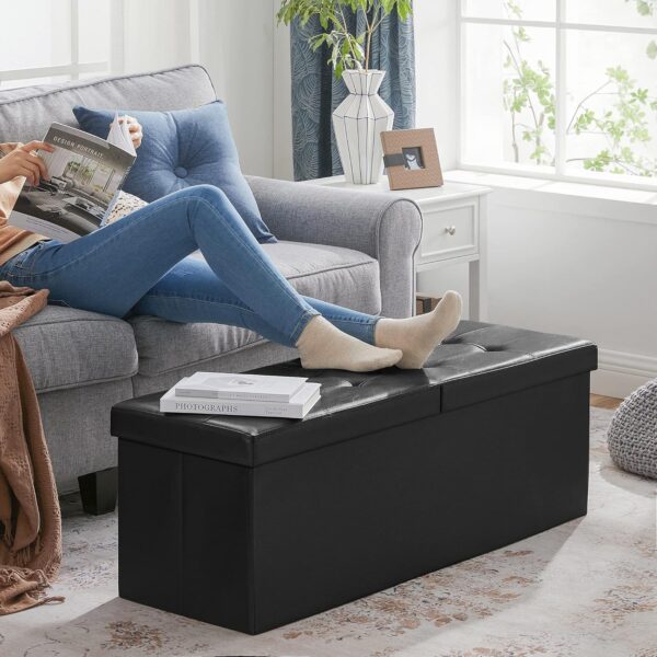 SONGMICS Taburet pliabil cu sezut moale, spatiu de depozitare 120litri, maxim 300kg, 110x38x38cm, negru - imagine 4