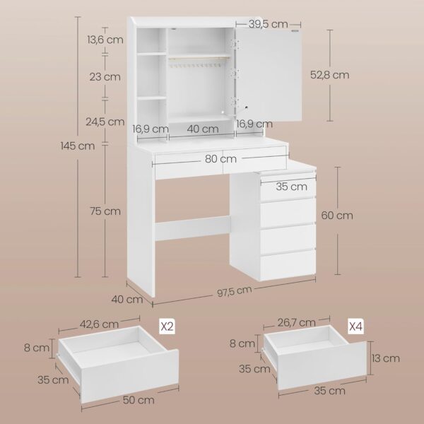 VASAGLE Masa de toaleta cu taburet si oglinda, iluminare LED reglabila, 6 sertare, 98x40x145 cm, alb - imagine 6
