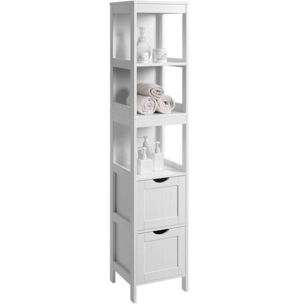 VASAGLE Dulap de baie tip coloana, din MDF, cu 2 sertare si 3 rafturi, 30x30x142 cm, alb - imagine 11