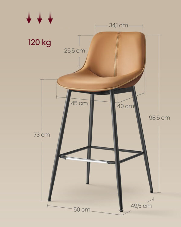 VASAGLE Set 2 scaune de bar, spatar ergonomic din piele ecologica, cadru metalic, 50x50x99 cm, maro caramel - imagine 3