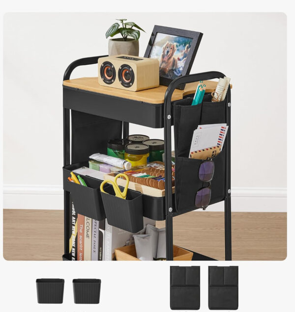 SONGMICS Raft de depozitare mobil tip carucior rulant, pentru baie sau bucatarie, cadru otel cu blat MDF, 31x44x74 cm, negru - imagine 4