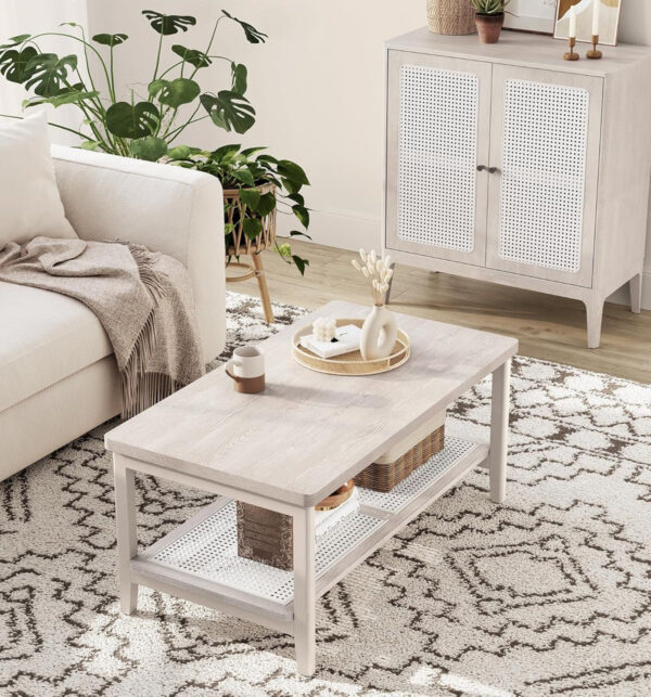 VASAGLE Masuta de cafea, din MDF, cu spatiu de depozitare pe 2 nivele, 55x100x45 cm, stil boho, bej - imagine 2