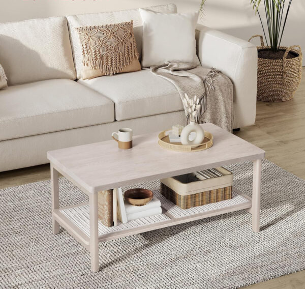 VASAGLE Masuta de cafea, din MDF, cu spatiu de depozitare pe 2 nivele, 55x100x45 cm, stil boho, bej - imagine 3