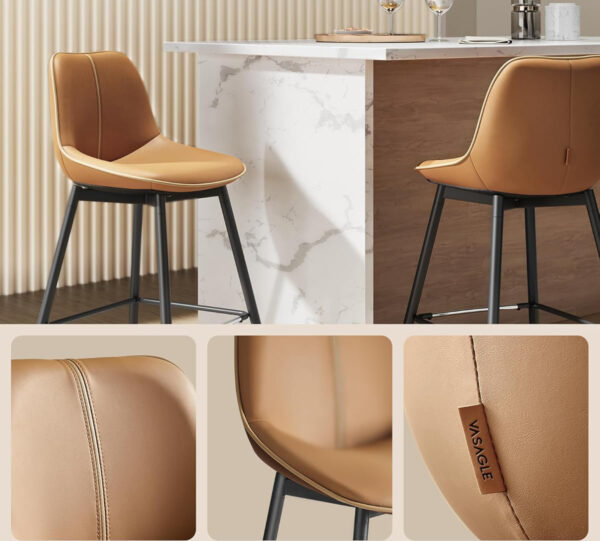 VASAGLE Set 2 scaune de bar, spatar ergonomic din piele ecologica, cadru metalic, 50x50x99 cm, maro caramel - imagine 5