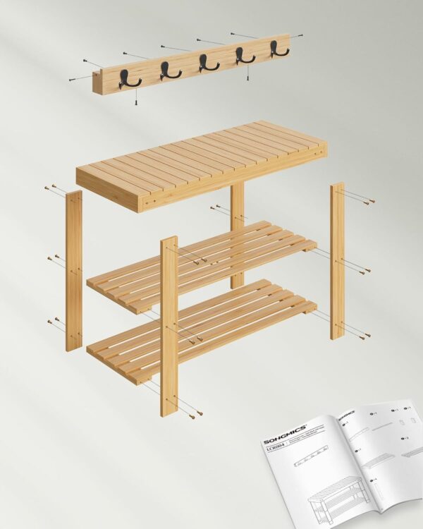 SONGMICS Set multifunctional pentru hol cu banca pentru pantofi si cuier, din bambus, 29x70x45 cm, maro natur - imagine 6