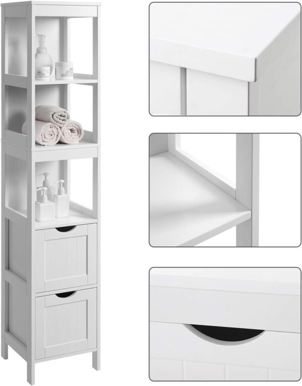 VASAGLE Dulap de baie tip coloana, din MDF, cu 2 sertare si 3 rafturi, 30x30x142 cm, alb - imagine 10
