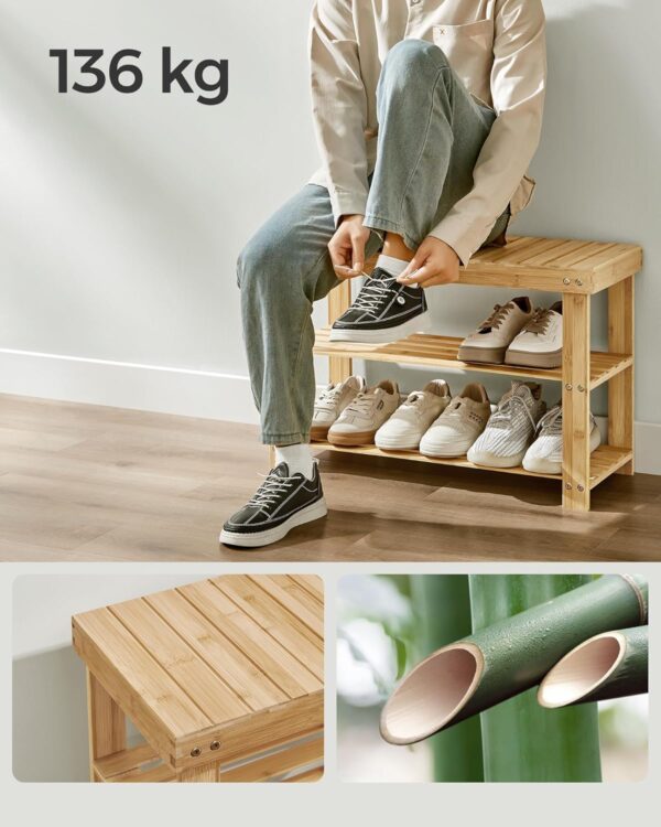 SONGMICS Set multifunctional pentru hol cu banca pentru pantofi si cuier, din bambus, 29x70x45 cm, maro natur - imagine 7