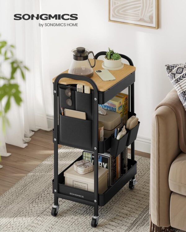 SONGMICS Raft de depozitare mobil tip carucior rulant, pentru baie sau bucatarie, cadru otel cu blat MDF, 31x44x74 cm, negru - imagine 2