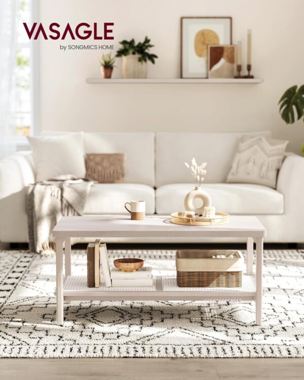VASAGLE Masuta de cafea, din MDF, cu spatiu de depozitare pe 2 nivele, 55x100x45 cm, stil boho, bej - imagine 4