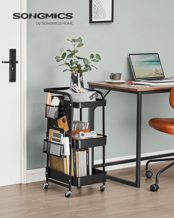 SONGMICS Raft de depozitare mobil tip carucior rulant, pentru baie sau bucatarie, cadru otel, 32x43x74 cm, negru - imagine 2