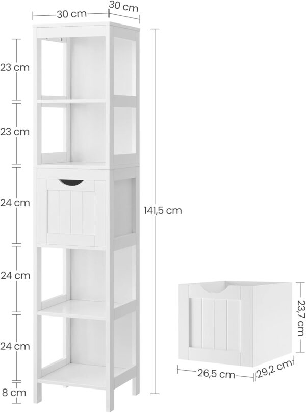 VASAGLE Dulap de baie tip coloana, din MDF, cu 2 sertare si 3 rafturi, 30x30x142 cm, alb - imagine 3