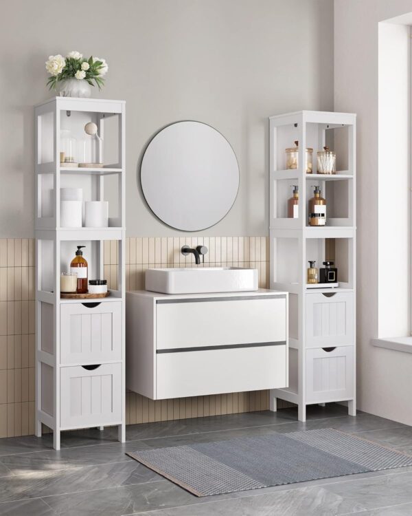 VASAGLE Dulap de baie tip coloana, din MDF, cu 2 sertare si 3 rafturi, 30x30x142 cm, alb - imagine 4