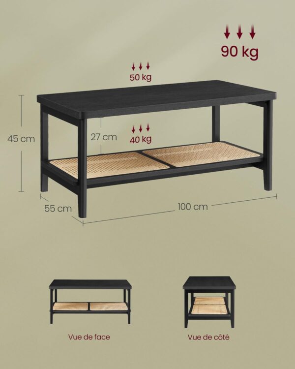 VASAGLE Masuta de cafea, din MDF, cu spatiu de depozitare pe 2 nivele, 55x100x45 cm, negru - imagine 3
