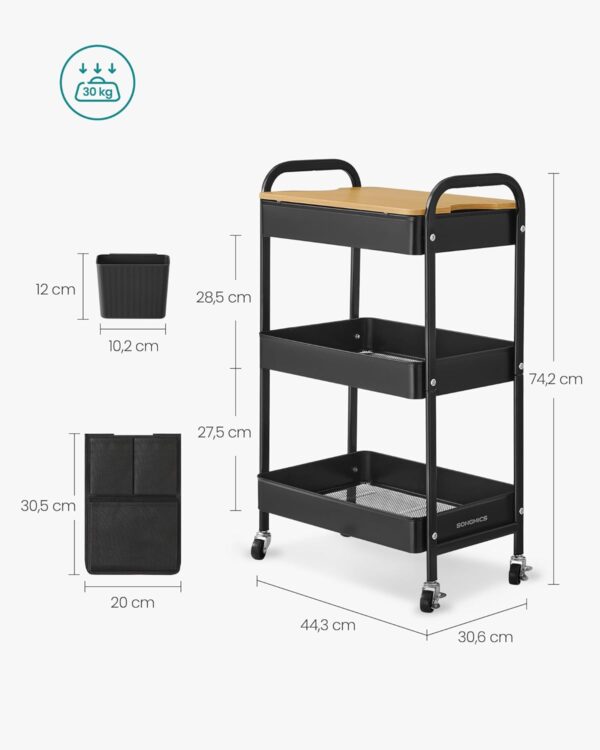 SONGMICS Raft de depozitare mobil tip carucior rulant, pentru baie sau bucatarie, cadru otel cu blat MDF, 31x44x74 cm, negru - imagine 5