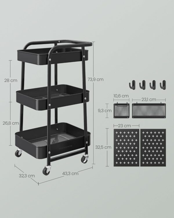 SONGMICS Raft de depozitare mobil tip carucior rulant, pentru baie sau bucatarie, cadru otel, 32x43x74 cm, negru - imagine 5