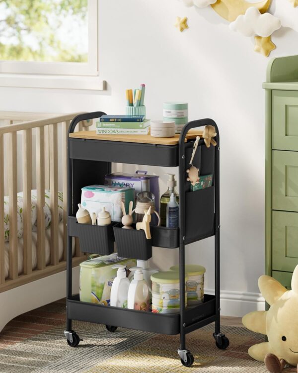 SONGMICS Raft de depozitare mobil tip carucior rulant, pentru baie sau bucatarie, cadru otel cu blat MDF, 31x44x74 cm, negru - imagine 6