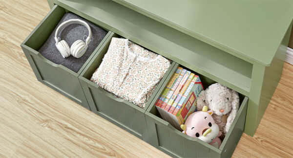 VASAGLE Dulap depozitare jucarii, din MDF, cu 3 compartimente detasabile pe roti,  30x102x60 cm, verde - imagine 7