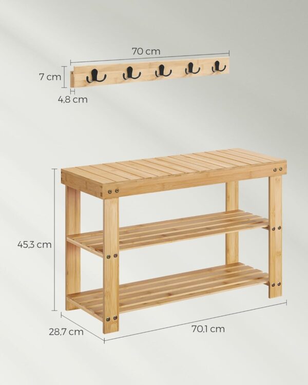 SONGMICS Set multifunctional pentru hol cu banca pentru pantofi si cuier, din bambus, 29x70x45 cm, maro natur - imagine 2